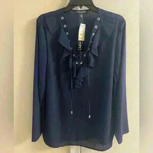 Linea Domani navy pop over long sleeve blouse‎ polyester. Large. NWT